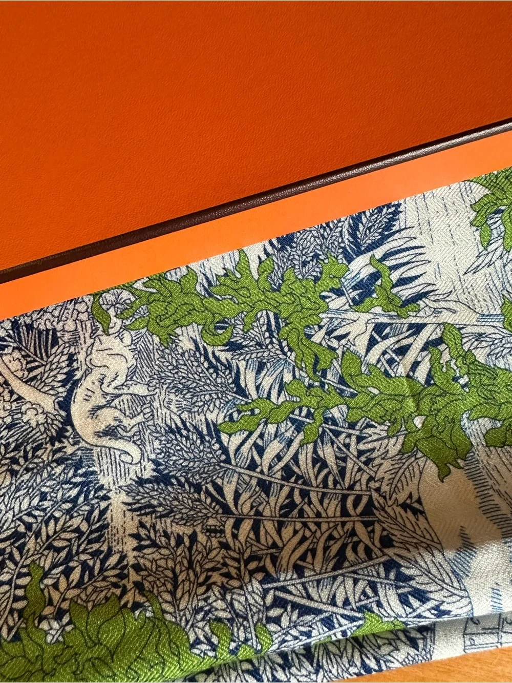 Hermes Blue, White & Green Printed Silk Scarf